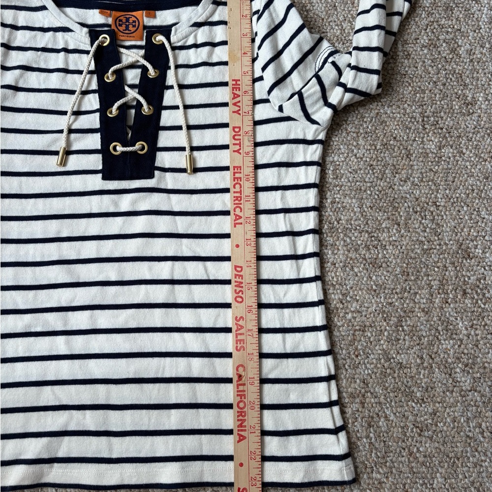 Tory Burch Navy & White Striped Lace-Up Top 3/4 sleeves, nautical sailor, Size S - Picture 7 of 11